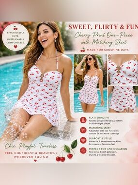 Betsey Johnson Cherry Print One-Piece Swimsuit with Matching Skirt